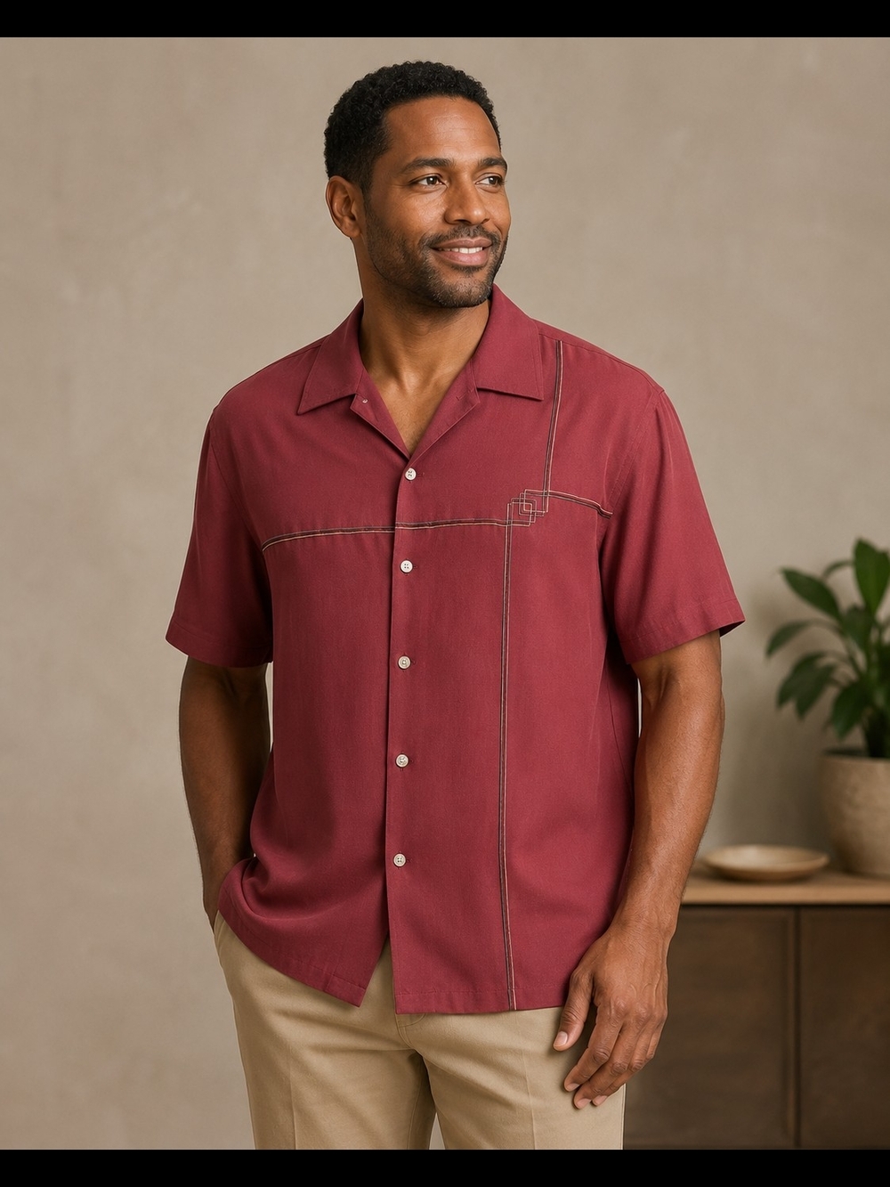 Men's Silk Short-Sleeve Button-Down Cuban Shirt in Wine